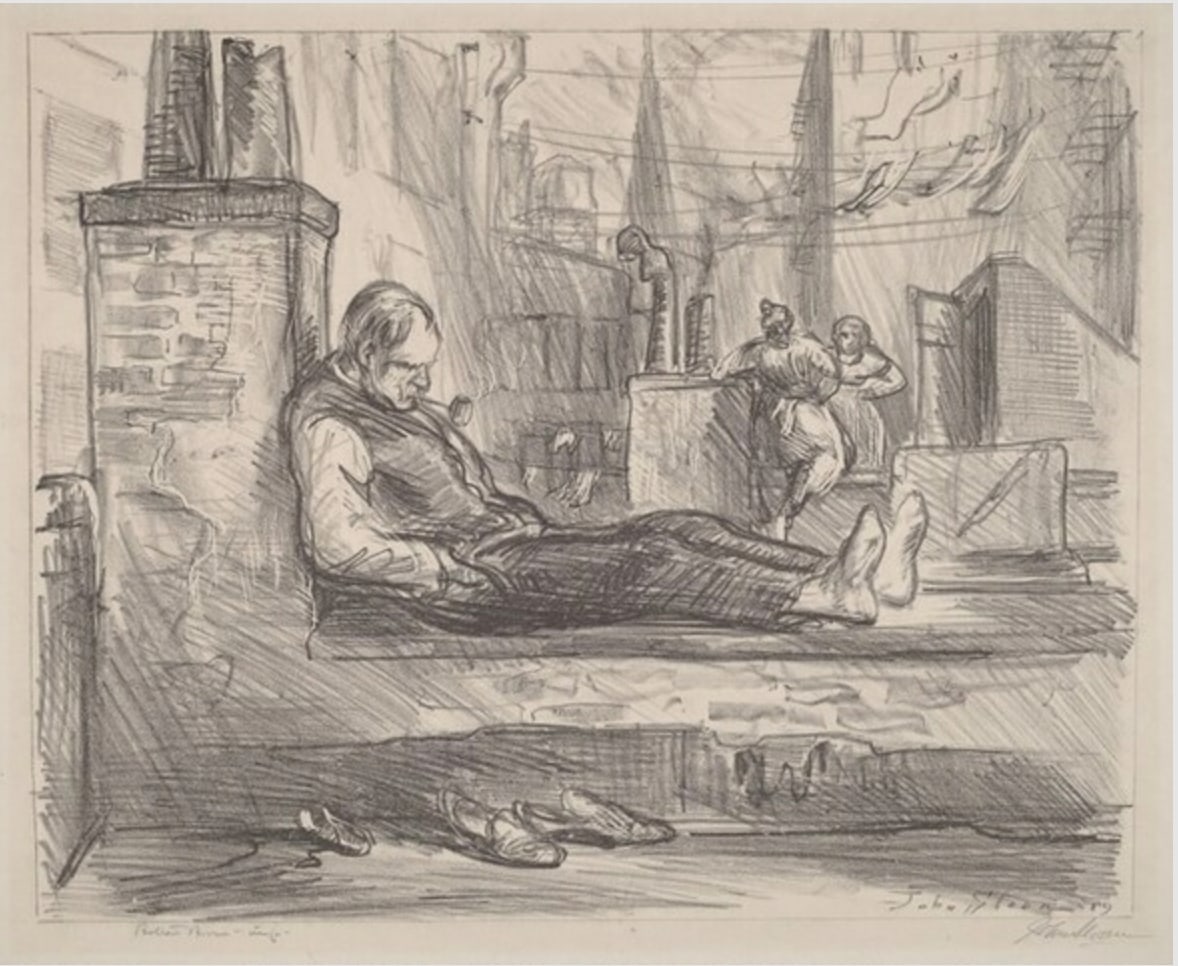 black and white lithograph of a man with a pipe in his mouth sleeping on a rooftop with laundry lines and women chatting in the background