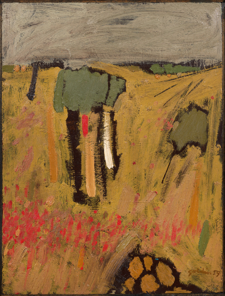 abstract landscape with poppies in the foreground and trees in the background