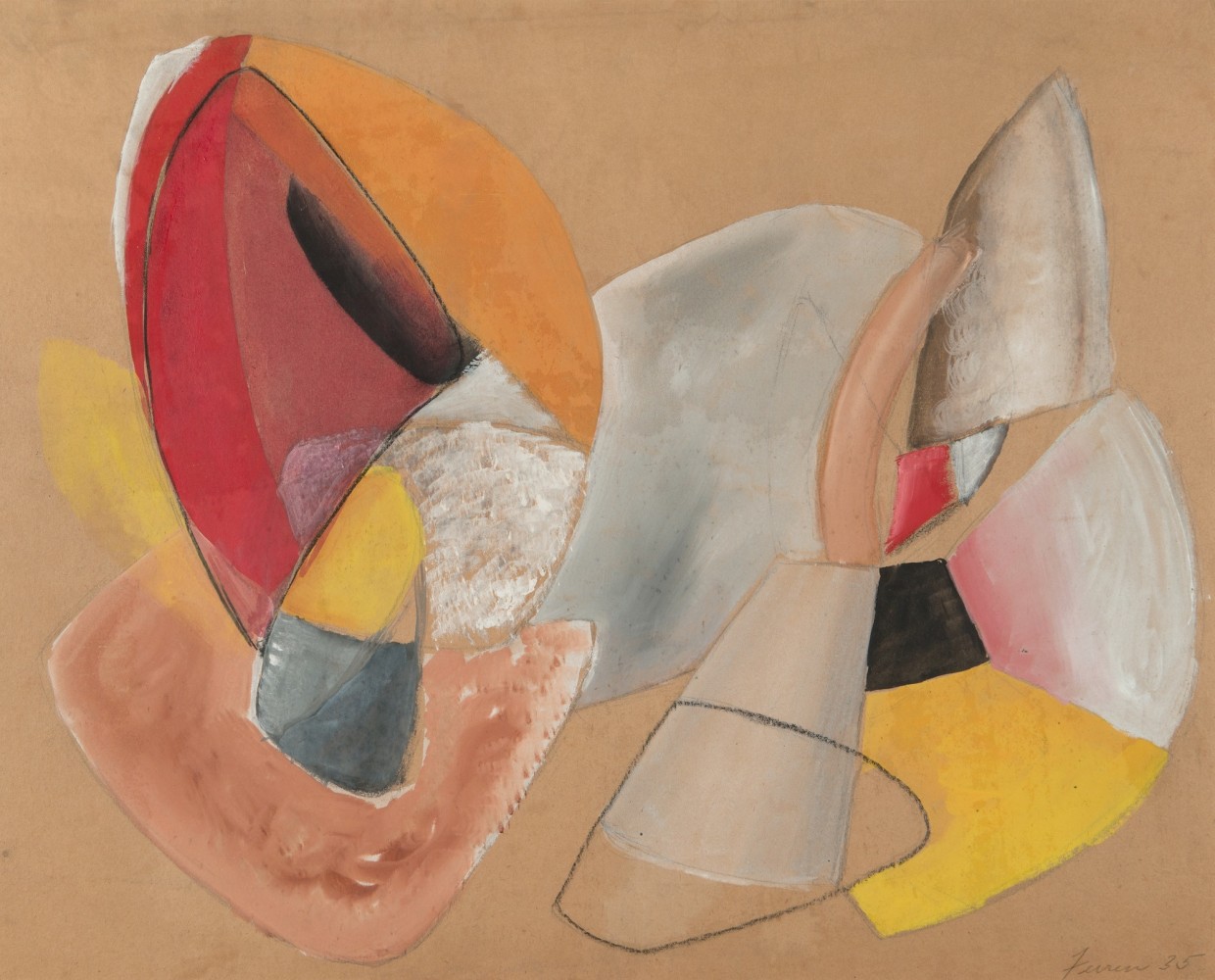 Abstract watercolor with rounded shapes with red, black yellow and orange