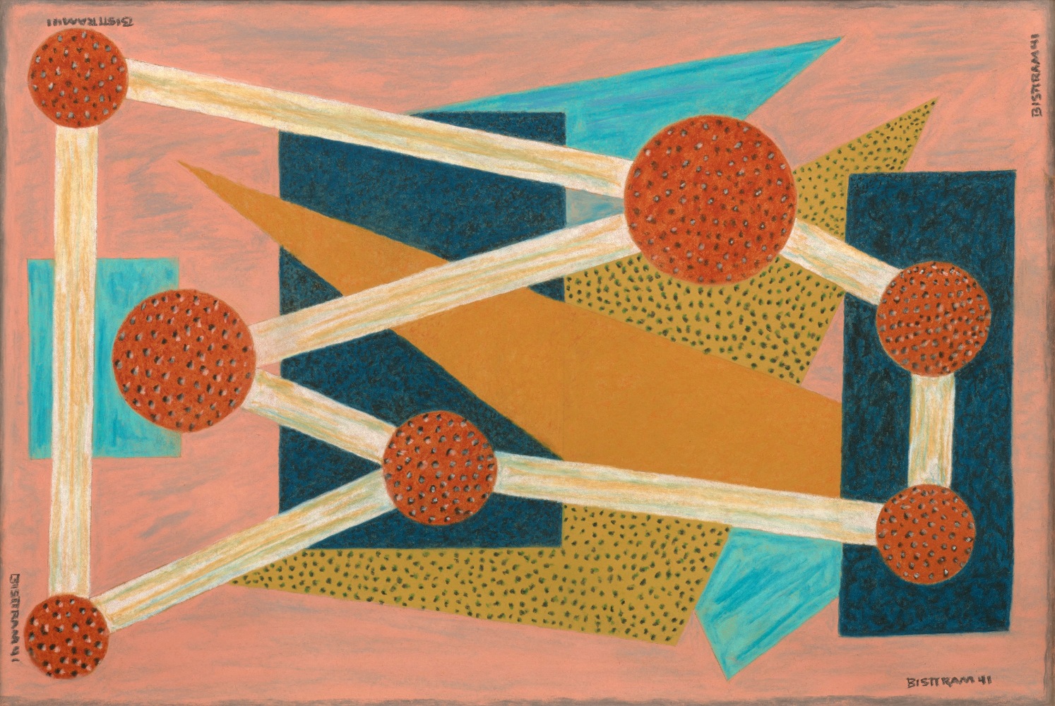 abstract painting with triangles and circles that can be displayed with any side as the top