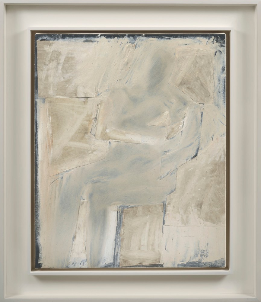 painted white and gray canvas collaged onto another canvas to look like brush strokes