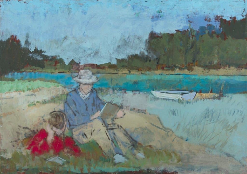 two figures sitting by the shore with a rowboat next to them
