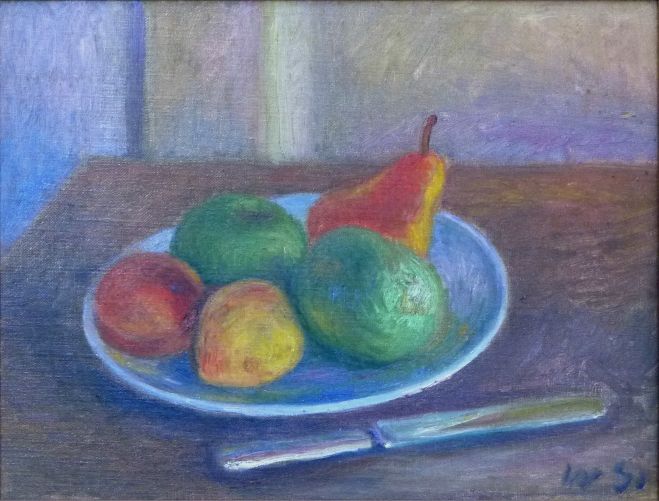 table top still life with five pieces of fruit on a plate and a knife next to the plate