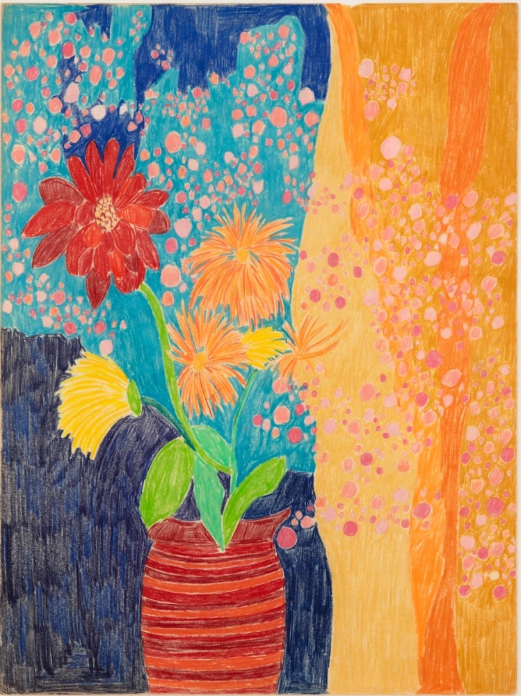 a drawing in color of a bouquet on a table in front of a window
