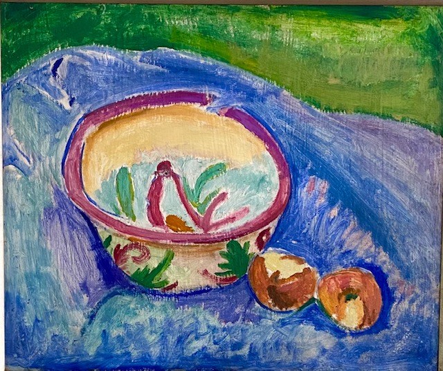 a brightly colored painting of a french ceramic bowl painted with a chicken