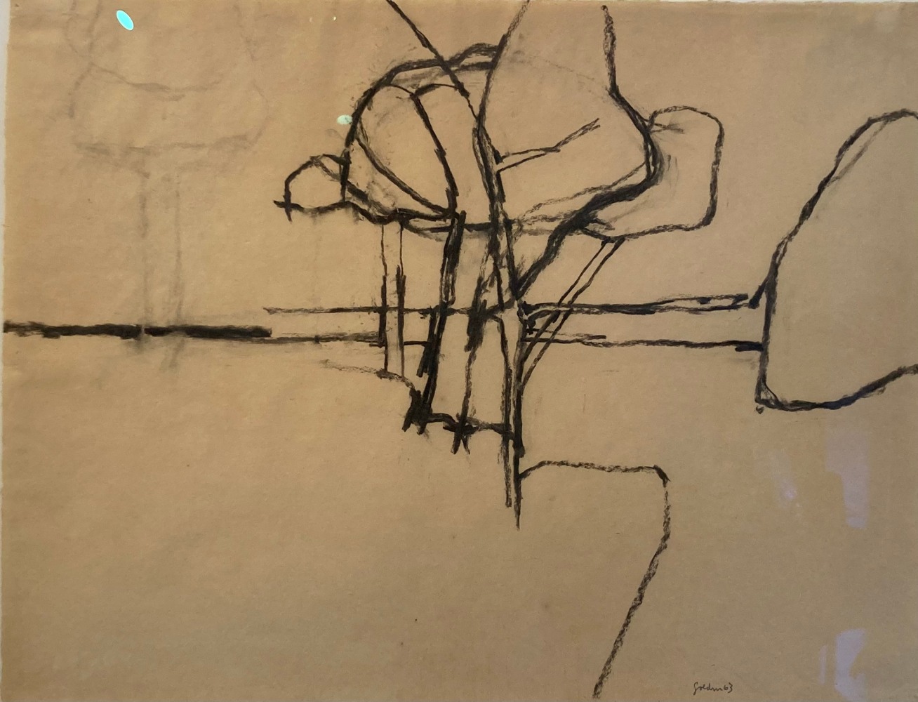 abstract drawing in charcoal of trees by the shore