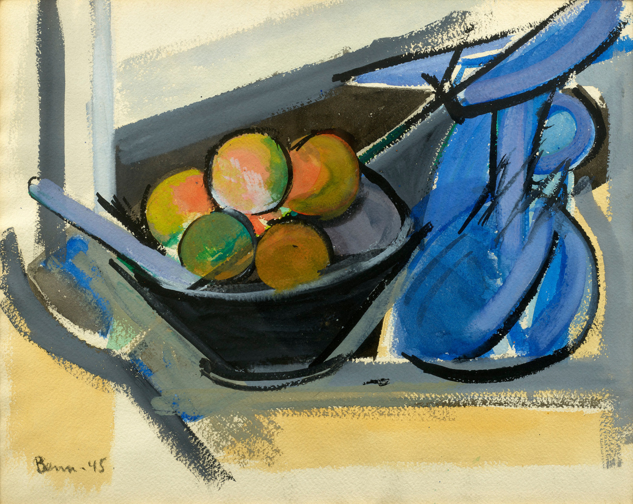 watercolor with cubist forms of fruit on a table