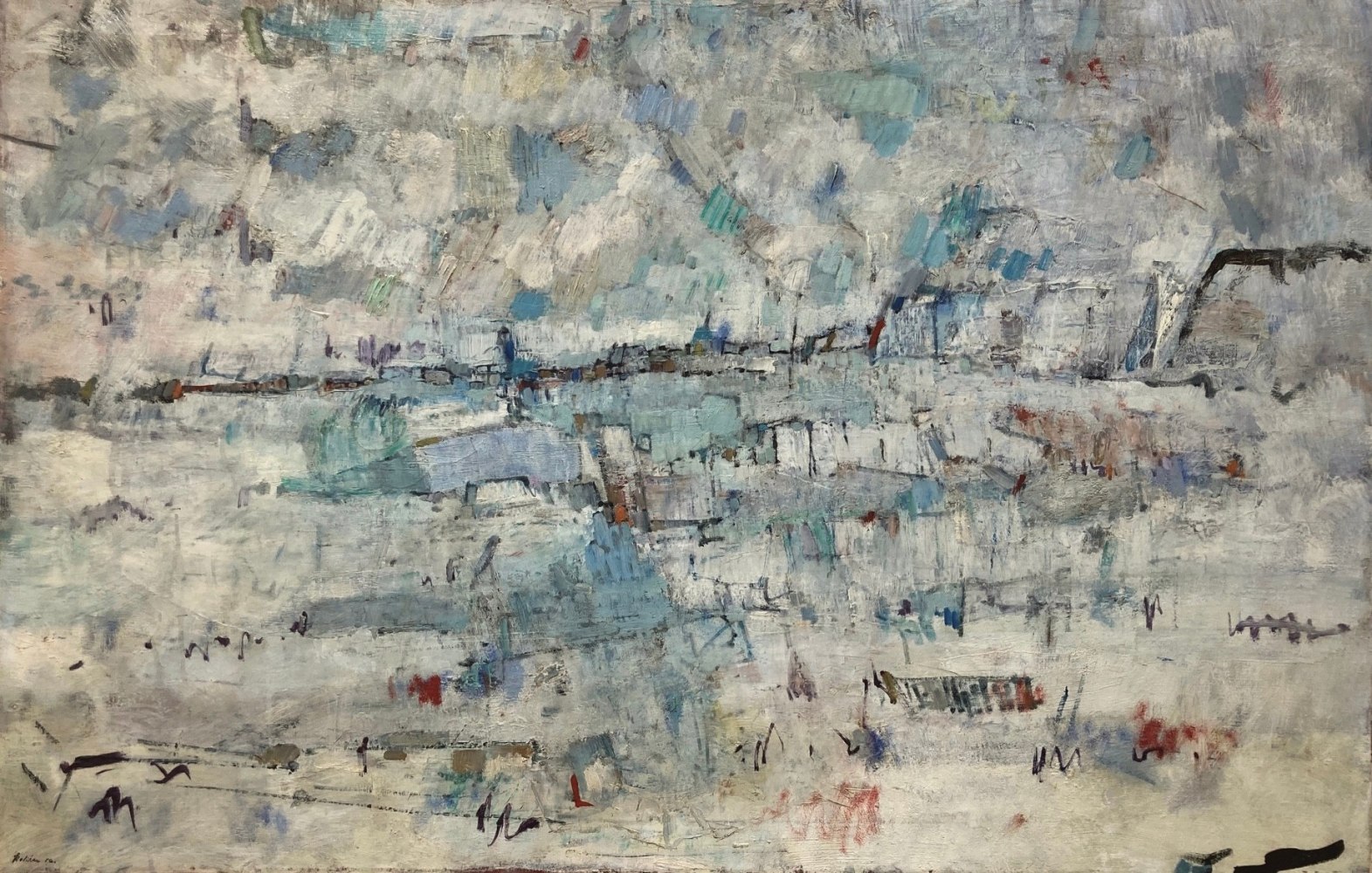 abstracted landscape in whites and blues of a shore with water and sky