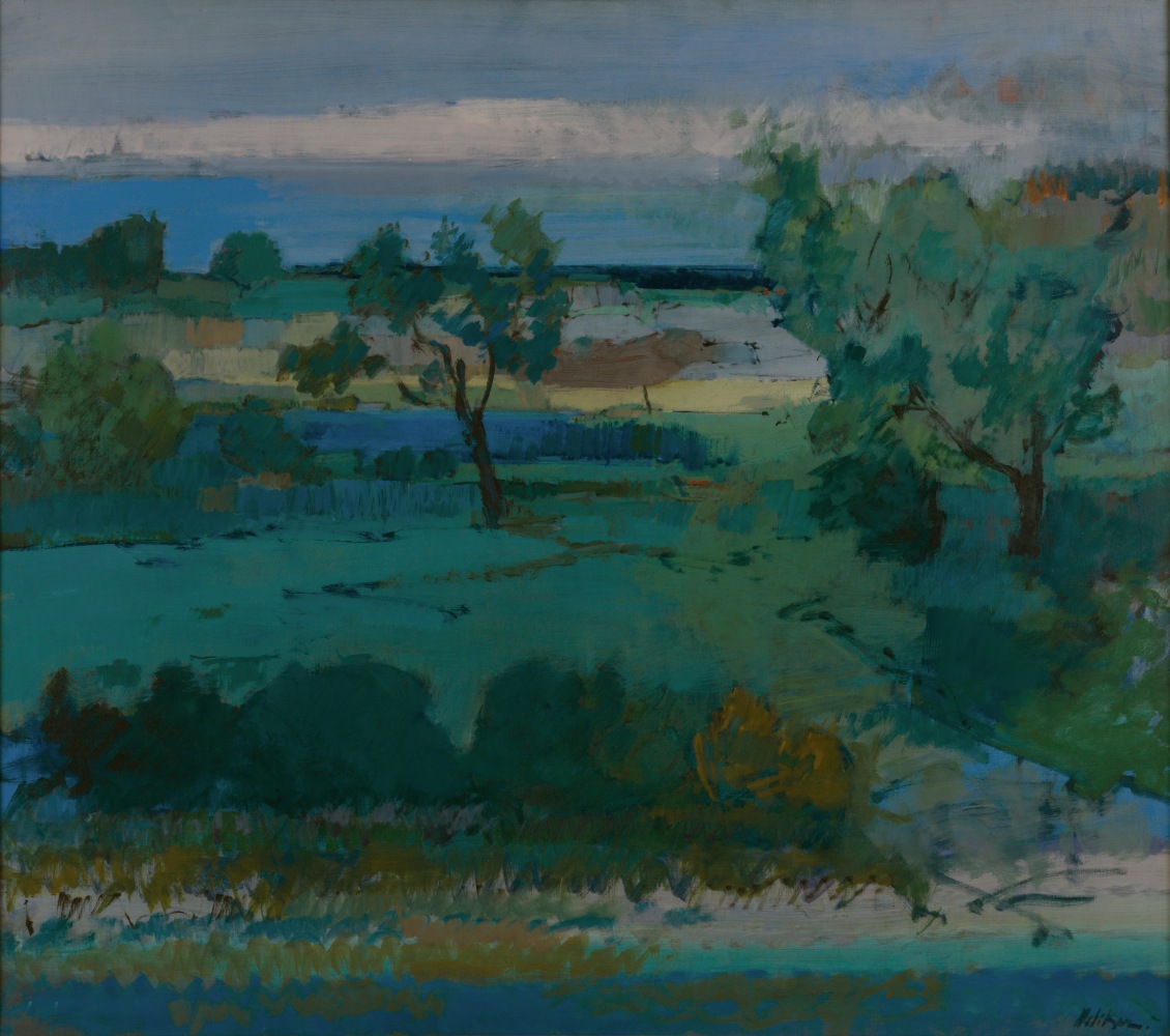 landscape with apple trees in the distance