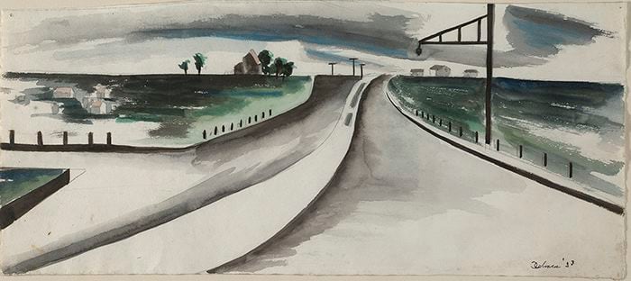 watercolor landscape of highway with signpost