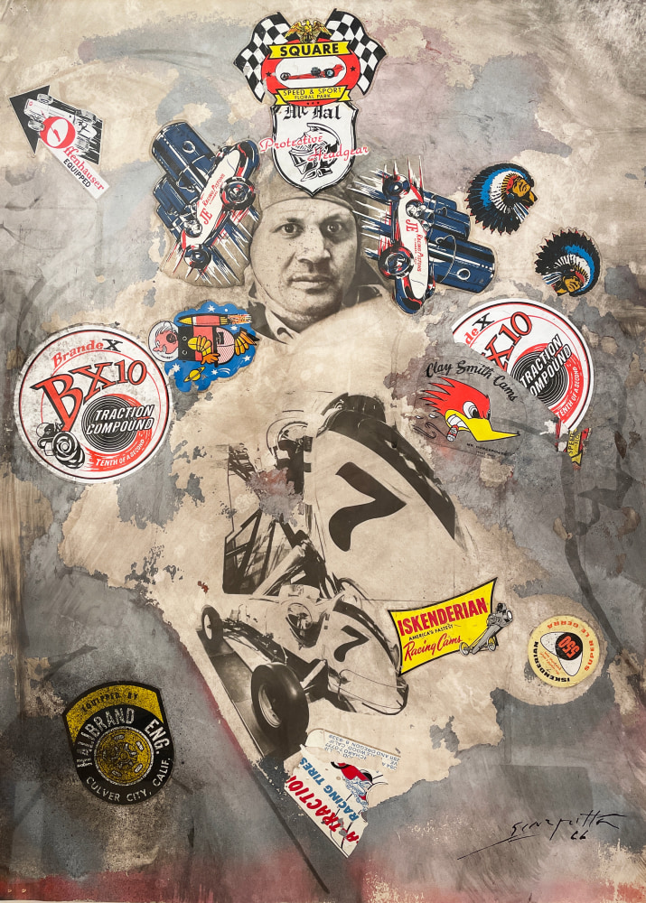 collage with images of racing material and a self portrait of the artist