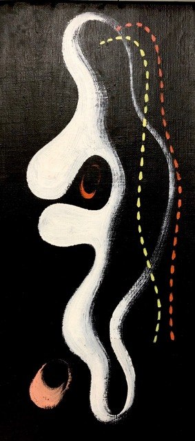 abstract with black background and white and red shapes