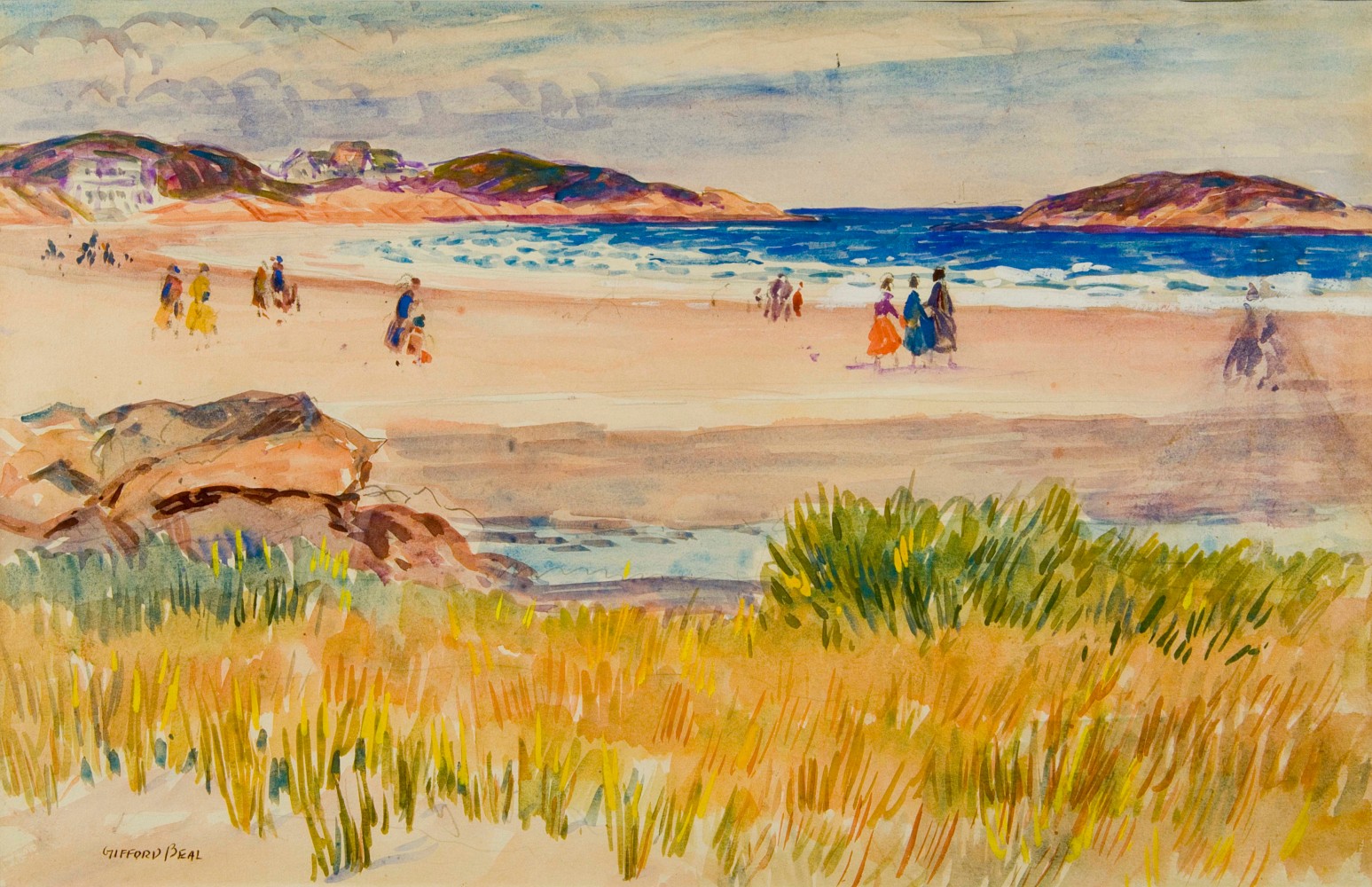 watercolor with a few figures on a beach near Boston
