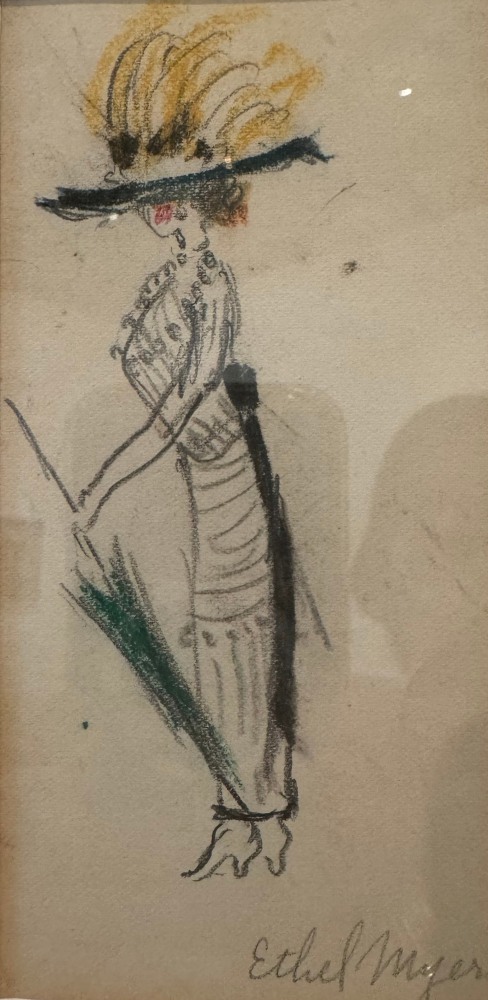 small drawing of a 1920s woman, viewed from the side, wearing a hat with big yellow feathers and carrying an umbrella
