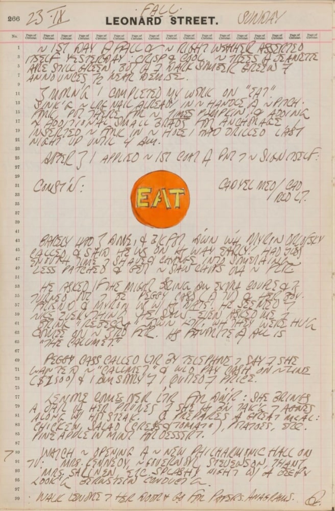 Journal page for September 23, 1962, with a color sketch of the EAT detail from the sculpture Eat