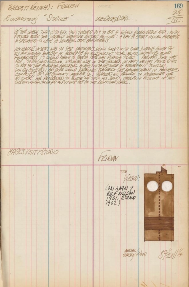 Journal page for March 25, 1959, and March 25, 1960 with a color sketch of the sculpture The Virgin
