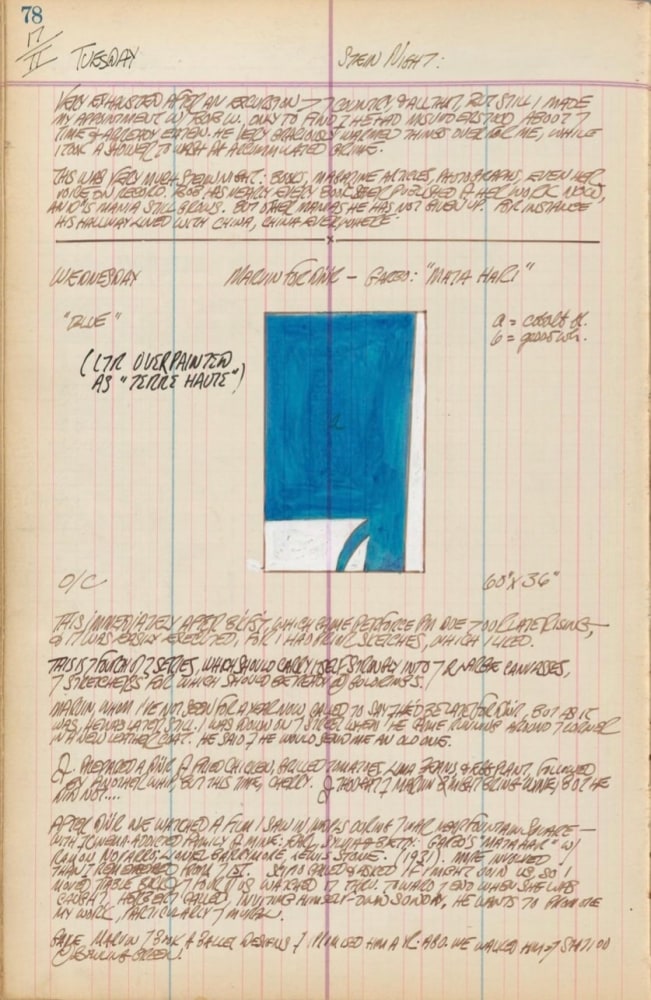 Journal page for February 17, 1959, and February 17, 1960 with a color sketch of a blue and white abstract painting