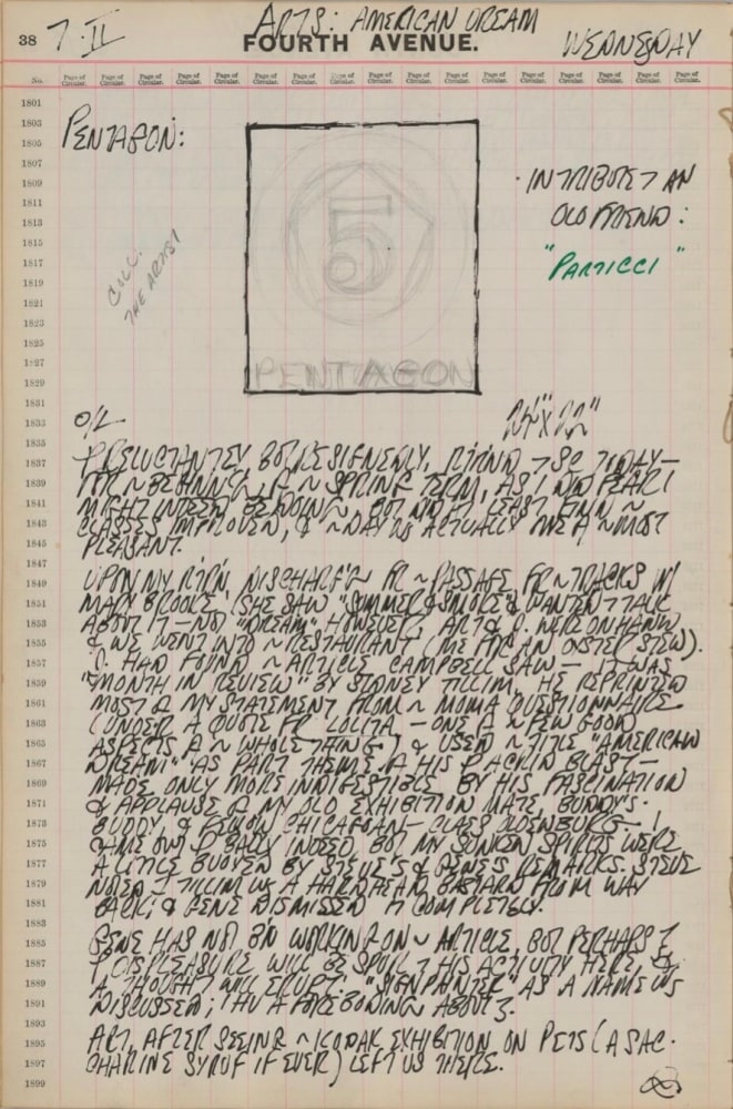 Journal page for February 7, 1962 with a black and white sketch of an early stage of the painting Polygon: Pentagon