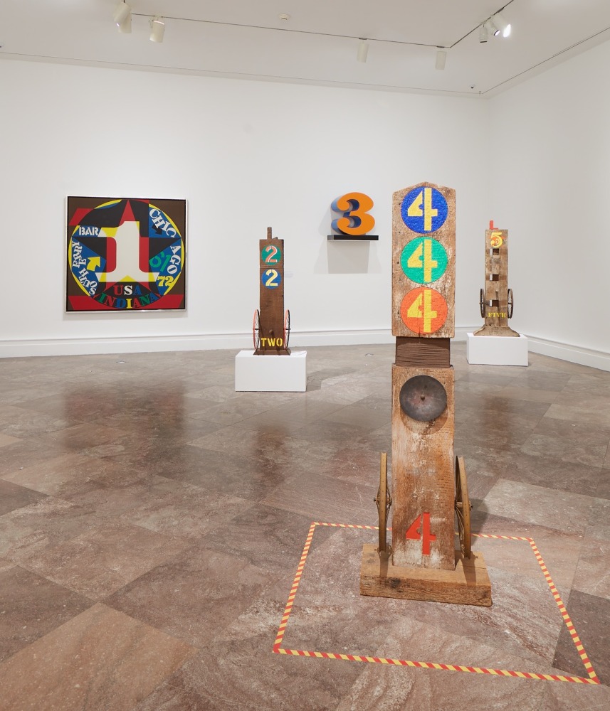 Installation view of Robert Indiana: A Sculpture Retrospective at the Albright-Knox Gallery of Art, Buffalo, 2018. Left to right, Decade: Autoportrait 1961 (1977), Two (1960&amp;ndash;62, cast 1991), THREE (1978&amp;ndash;2003), Four (1959&amp;ndash;62/1972), and Five (1984). Photo by Tom Powel Imaging