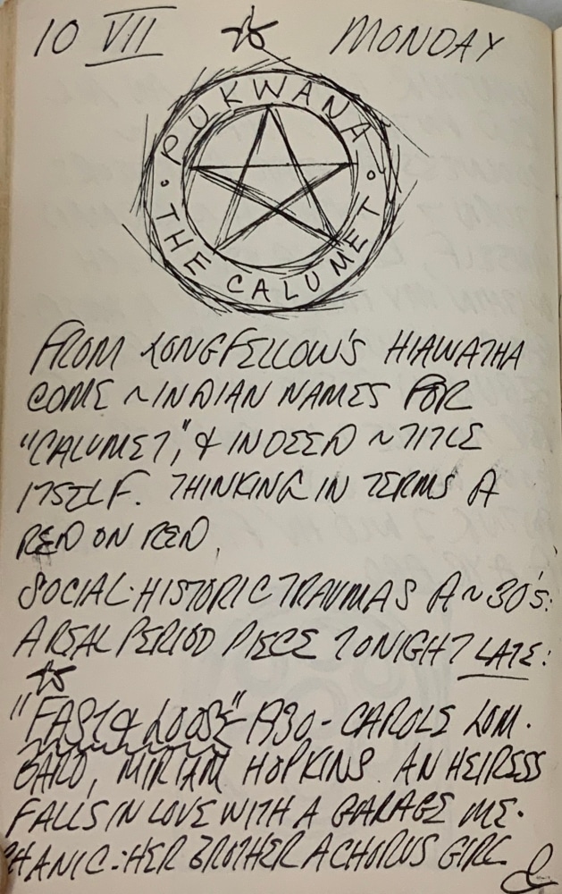 Journal page for July 10, 1961, with a black and white sketch of a detail from the painting The Calumet