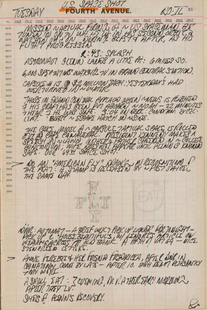 Journal page for February 20, 1962, with a black and white sketch of a detail of the drawing American Fly and of a small painting, Eat