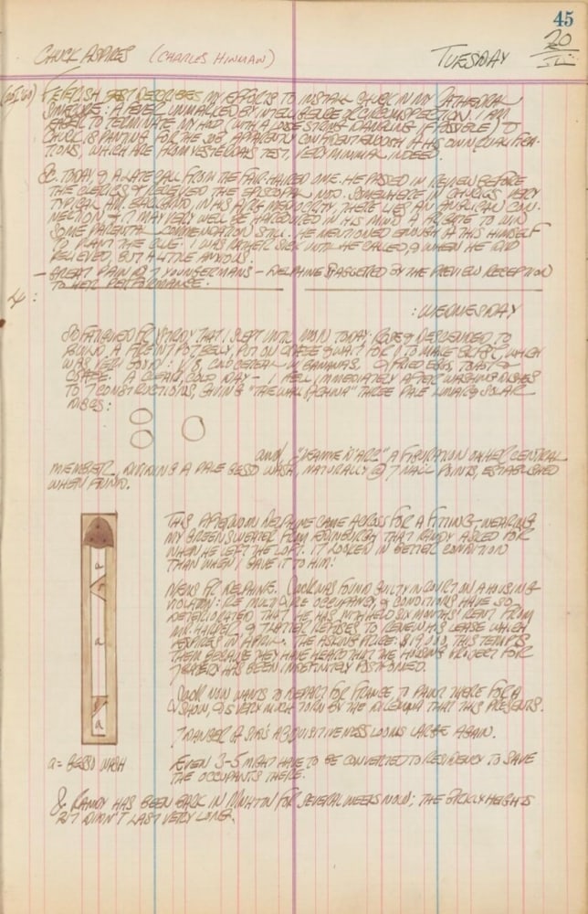 Journal page for January 20, 1959, and January 20, 1960 with a sketch of an early version of the sculpture Jeanne d'Arc