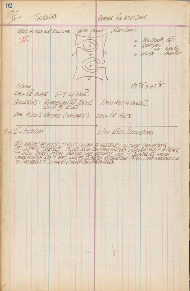 Journal page for February 26, 1959, and February 26, 1960 with a black and white vertical sketch of the painting Source II