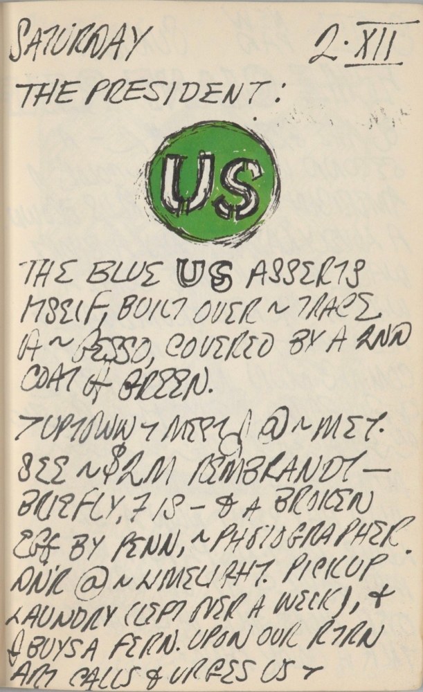 Journal page for December 2, 1961, with a color sketch of a detail from the painting A Divorced Man Has Never Been the President