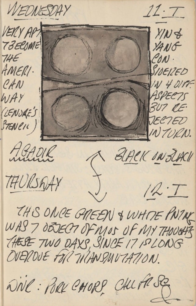 Journal page for January 11–12, 1961 with a sketch of Agadir, an early version of The American Dream, I