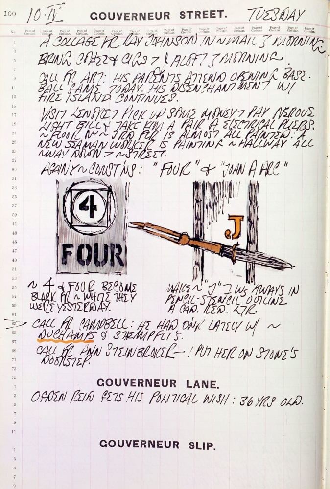 Journal page for April 10, 1962 with sketches of details from the sculptures Four and Jeanne d'Arc