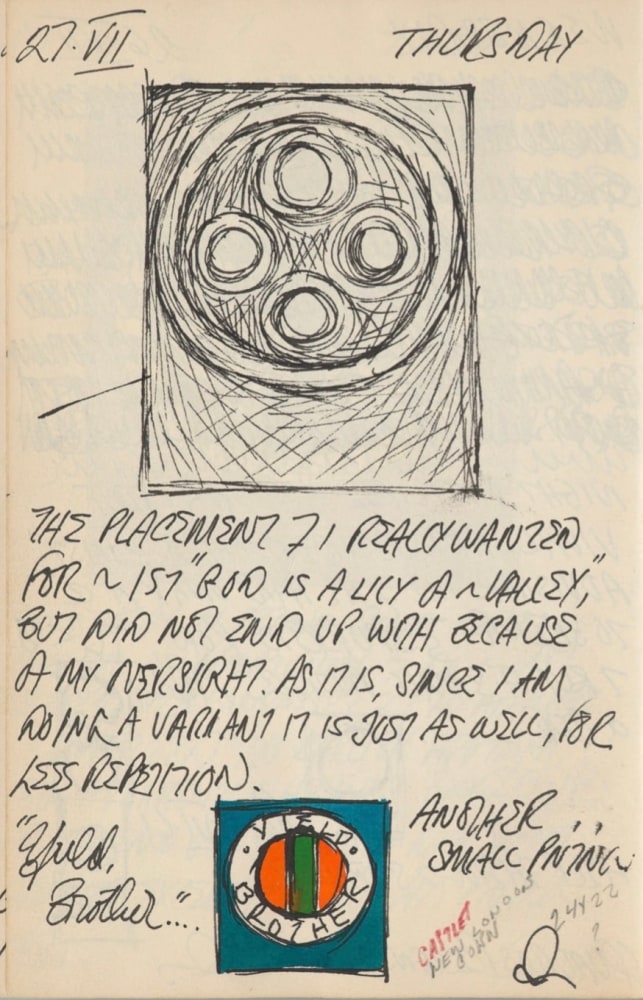 Journal page for July 27, 1961, with a black and white sketch of the painting God Is a Lily of the Valley, and a color painting of the sketch Yield Brother