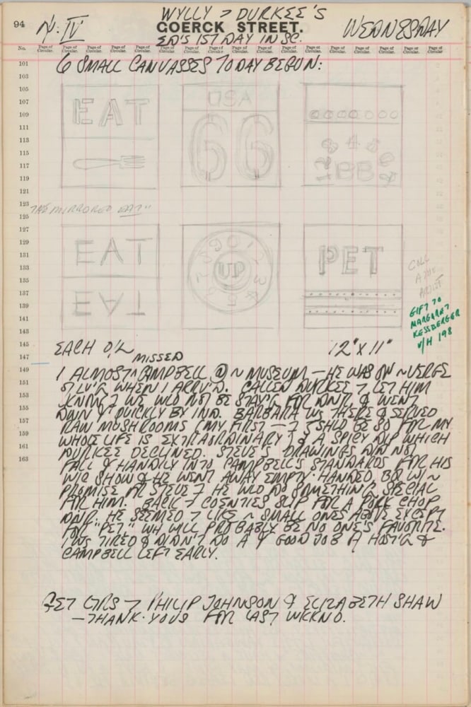 Journal page for April 4, 1962 with black and white sketches of four paintings: Eat, Route 66, BB, The Mirrored Eat, Up, and Pet