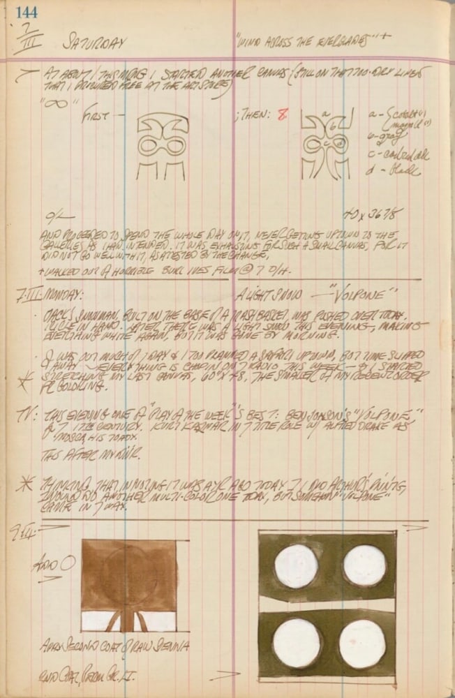 Journal page for March 7, 1959 and March 7 and 9, 1960 with sketches of three paintings - two line paintings of one, and color sketches of the two other