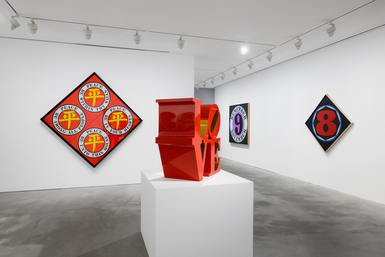 Installation view of Robert Indiana: The Shape of the World, March 25&amp;ndash;May 9, 2025, Pace Gallery, Hong Kong. Left to right, Four Diamond Ping (2003), LOVE (1966&amp;ndash;1999), Remember November (2000), and Eight (2003). Photo: &amp;copy;The Robert Indiana Legacy Initiative