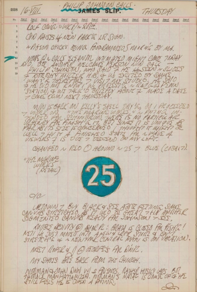 Journal page for August 16, 1962 with a color sketch of a detail from the painting The Marine Works