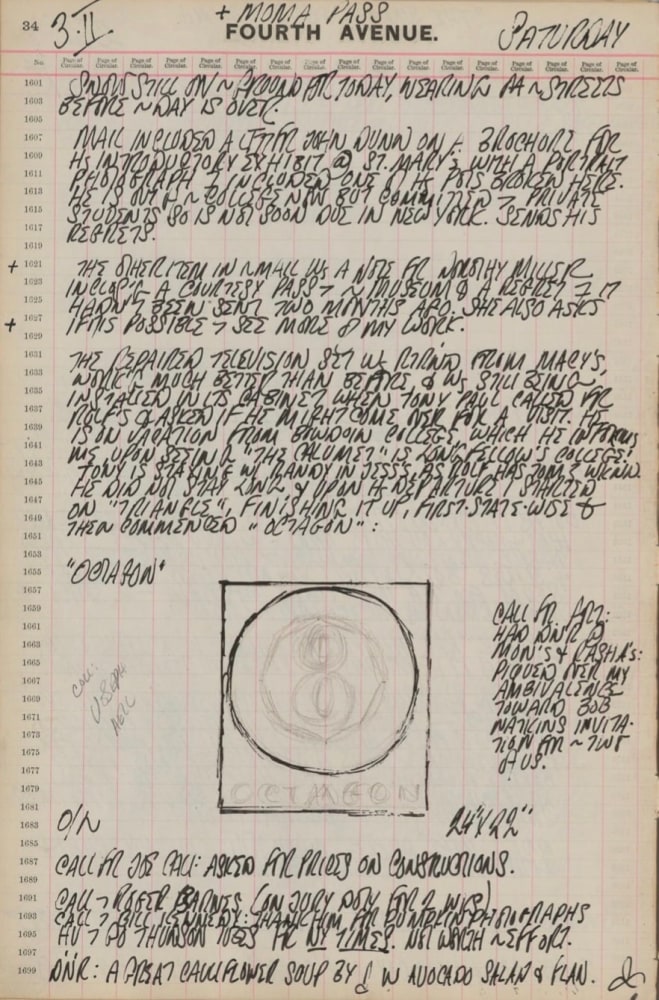 Journal page for February 3, 1962, with a sketch of the painting Polygon: Octagon