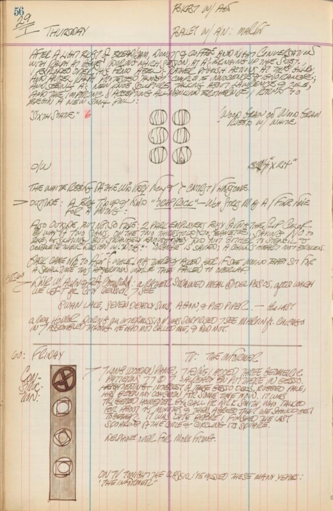 Journal page for January 29, 1959, and January 29, 1960 with a sketch of the six orbs form the painting Sixth State and a sketch of an early state of the sculpture Four