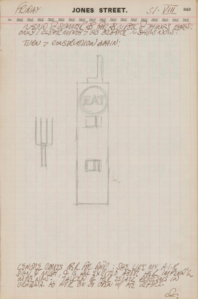 Journal page for August 31, 1962 with a pencil sketch of the sculpture Eat