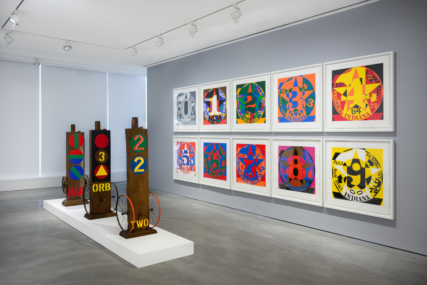 Installation view of&amp;nbsp;Robert Indiana: The Shape of the World, March 25&amp;ndash;May 9, 2025, Pace Gallery, Hong Kong. Left to right, Bar (1960&amp;ndash;62, cast 1991), Orb (1960, cast 1991), Two (1960&amp;ndash;62, cast 1991), and Decade: Autoportrait prints (2001&amp;ndash;2009). Photo: &amp;copy; The Robert Indiana Legacy Initiative