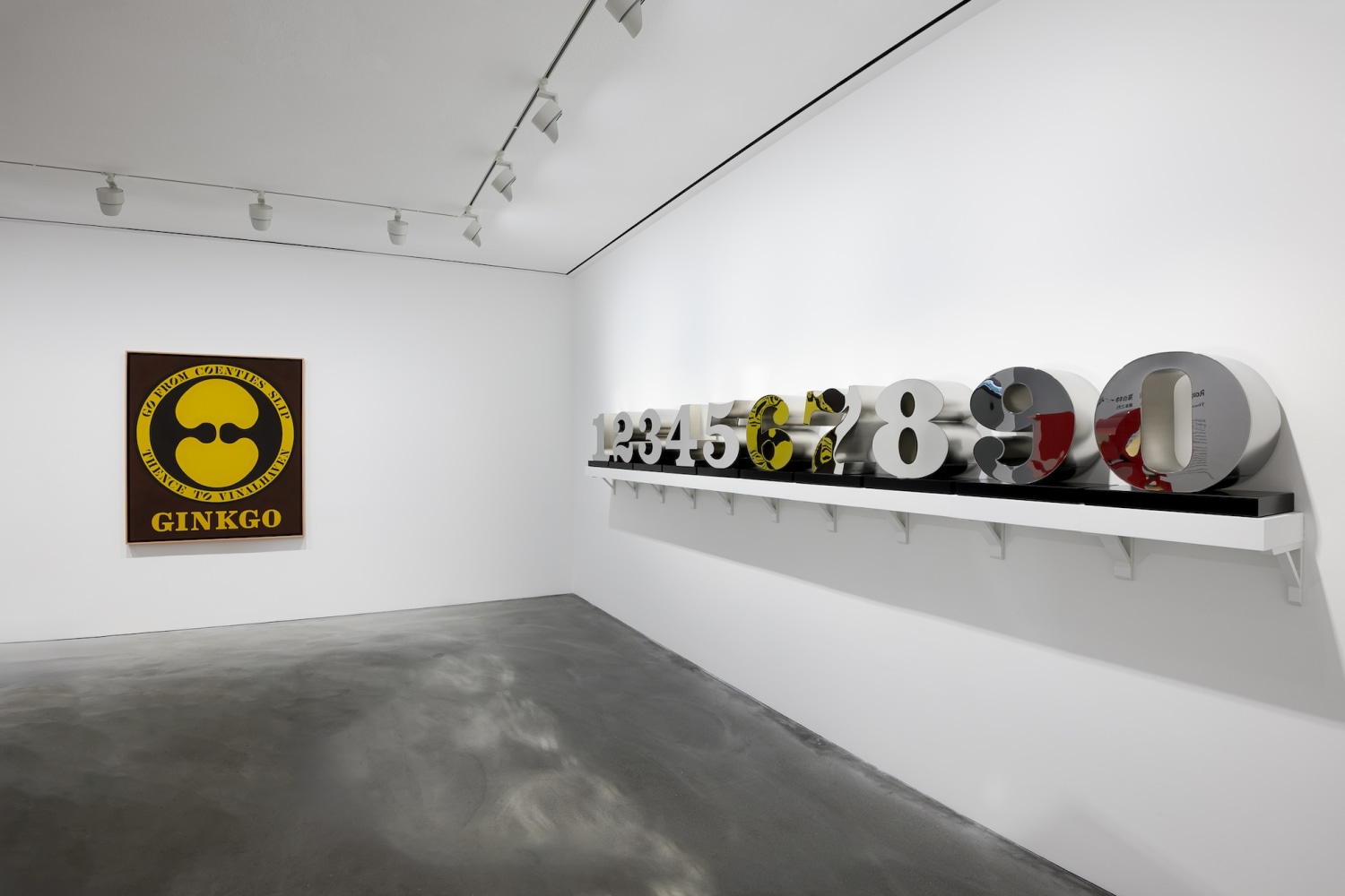 Installation view of Robert Indiana: The Shape of the World, March 25&amp;ndash;May 9, 2025, Pace Gallery, Hong Kong. Left to right, Ginkgo (2000) and ONE Through ZERO (The Ten Numbers) (1978&amp;ndash;2003). Photo: &amp;copy; The Robert Indiana Legacy Initiative