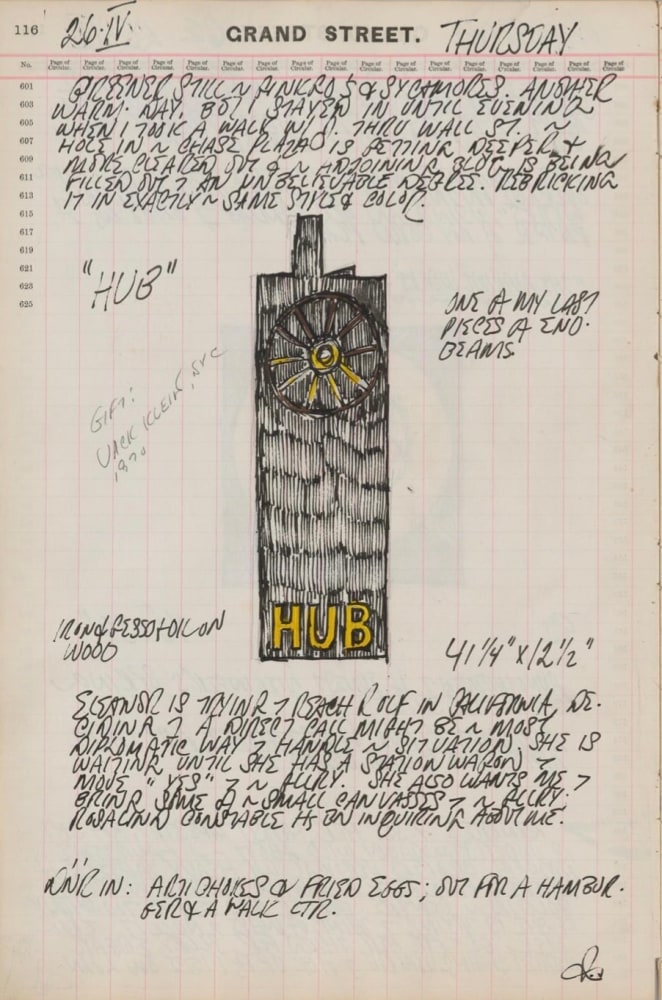 Journal page for April 26, 1962, with a color sketch of the sculpture Hub