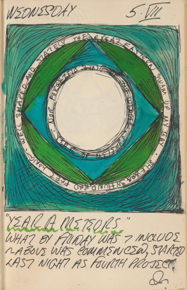 Journal page for July 5, 1961, with a color sketch of an incomplete version of the painting Year of Meteors