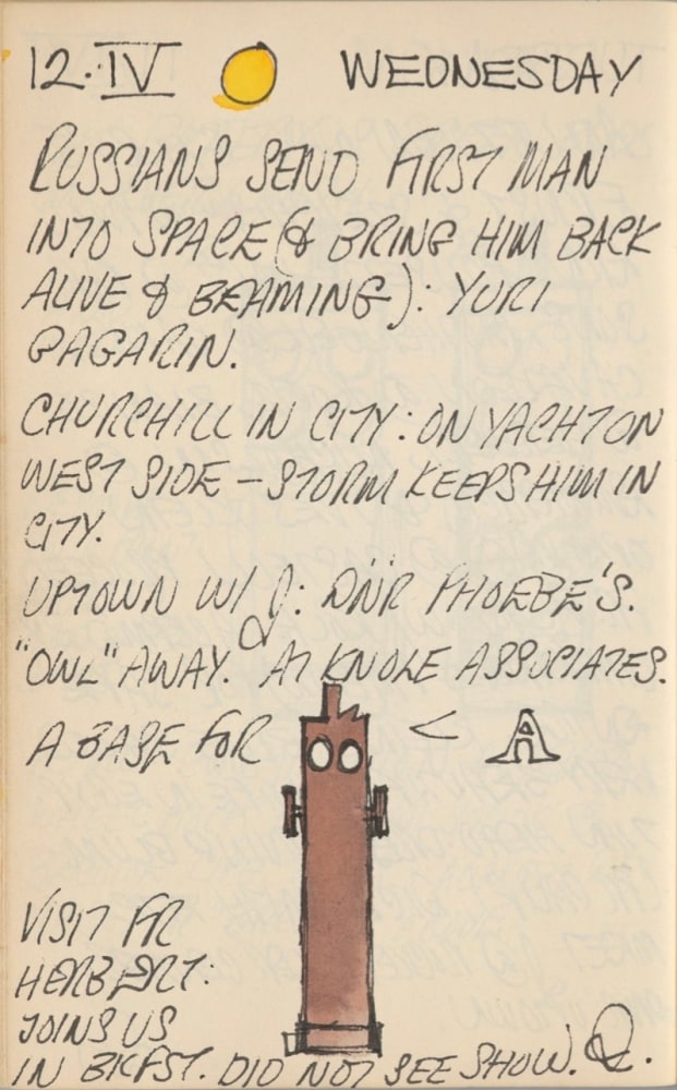 Journal page for April 12, 1961, with a color sketch of the sculpture Ahab