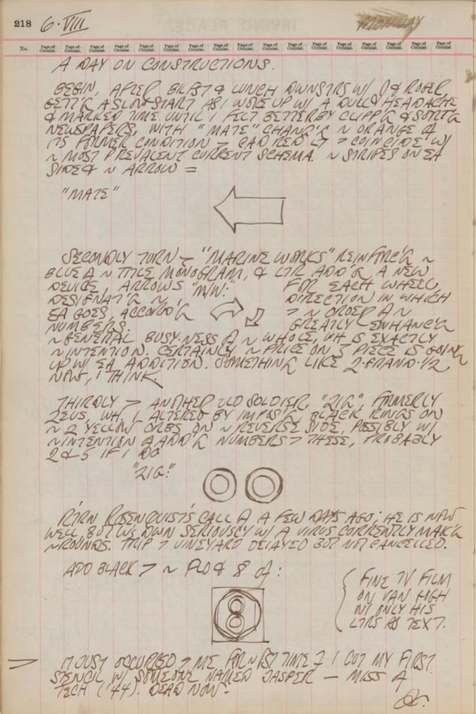 Journal page for August 6, 1962, with black and white sketches of an arrow, two orbs, and a small painting titled &quot;8&quot;