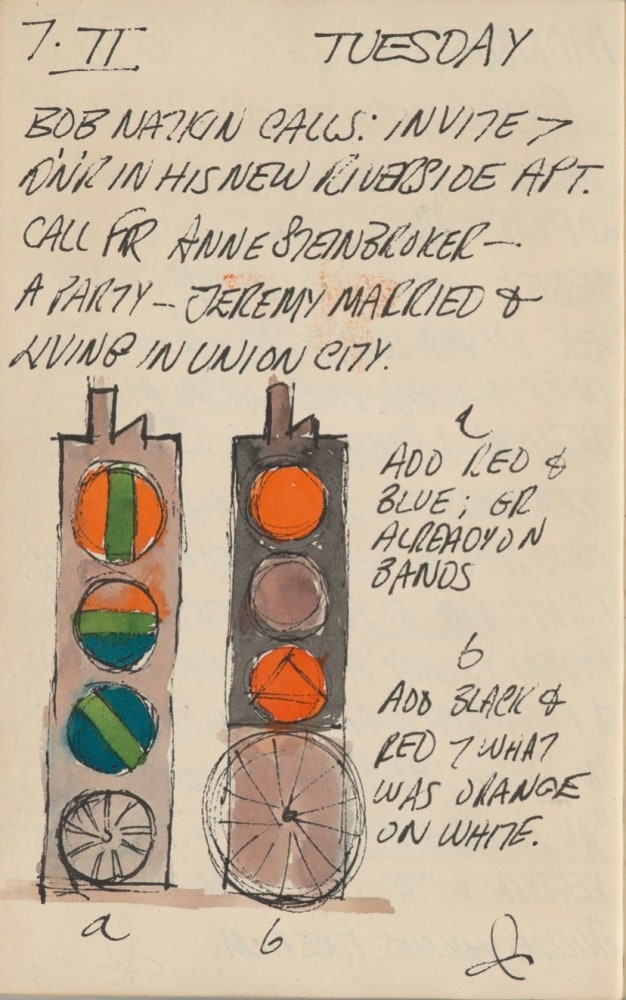Journal page for February 7, 1961, with color sketches of the sculptures Orb and Bar