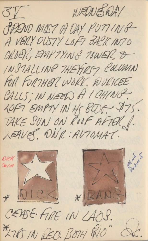 Journal page for May 3, 1961, with color sketches of the paintings Bang and Dick
