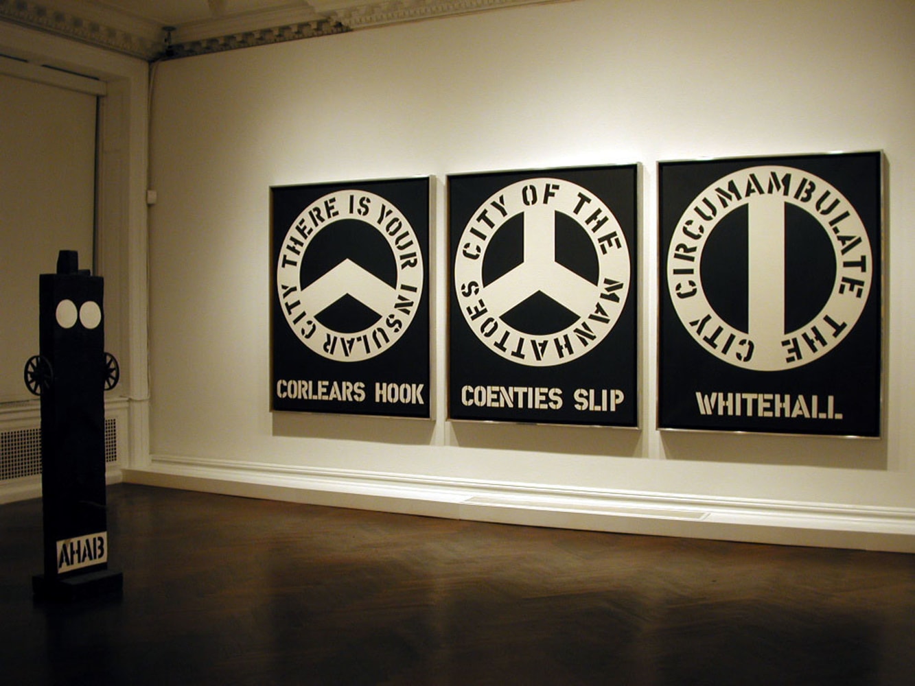 Installation view of&amp;nbsp;Robert Indiana: Letters, Words and Numbers, C&amp;amp;M Arts, New York, February 13&amp;ndash;March 22, 2003.&amp;nbsp;Left to right,&amp;nbsp;Ahab (1960&amp;ndash;62) and The Melville Triptych (1962)