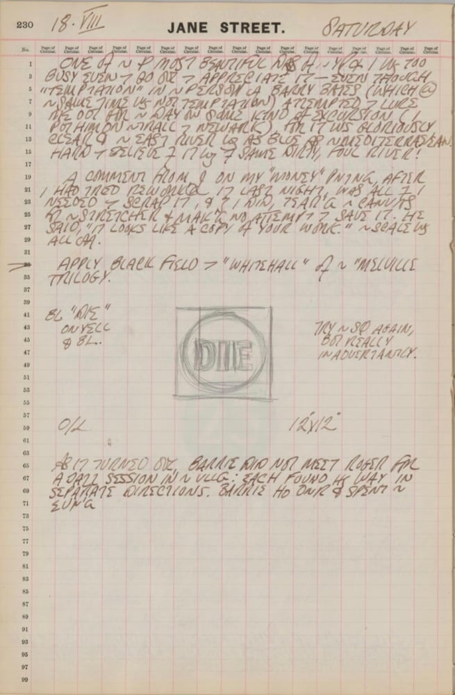 Journal page for August 18, 1962, with a black and white sketch of the painting Die