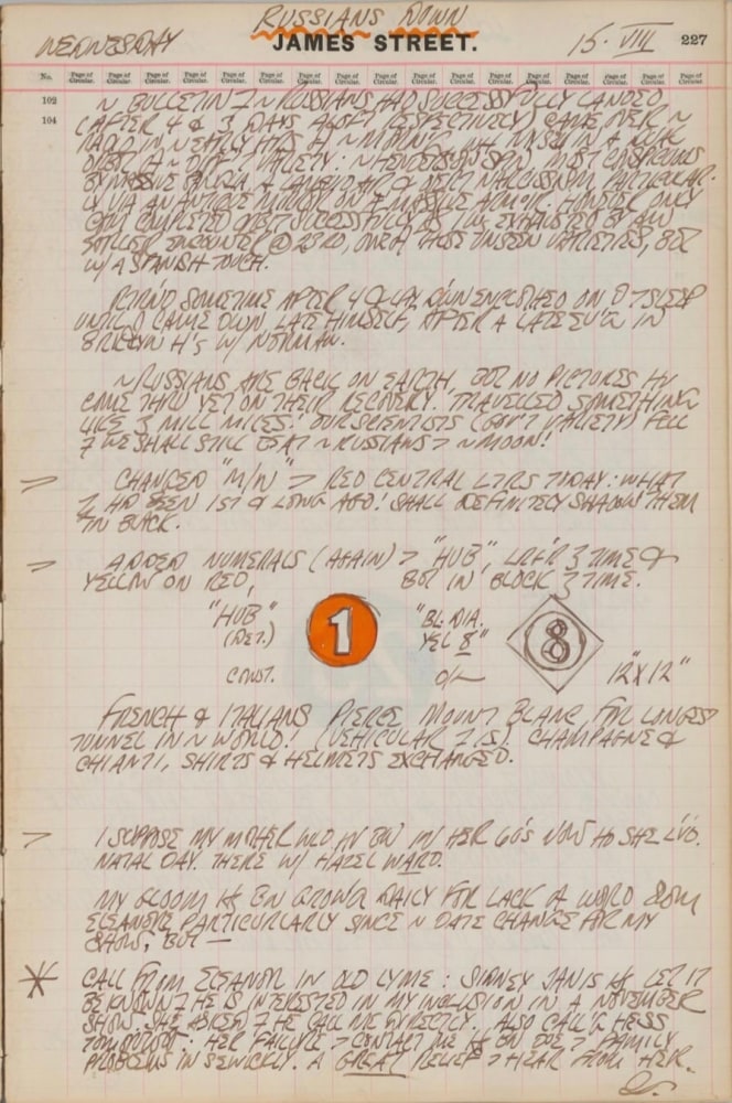 Journal page for August 15, 1962, with a color sketch of a detail of the sculpture Hub, and a black and white sketch of the painting 8
