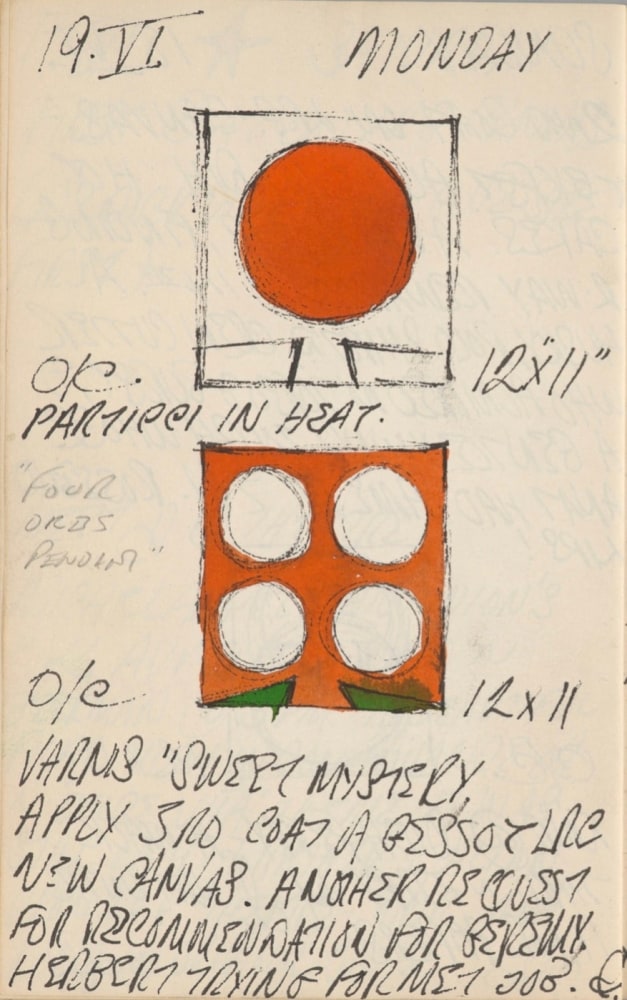 Journal page for June 19, 1961, with color sketches of two small orb paintings